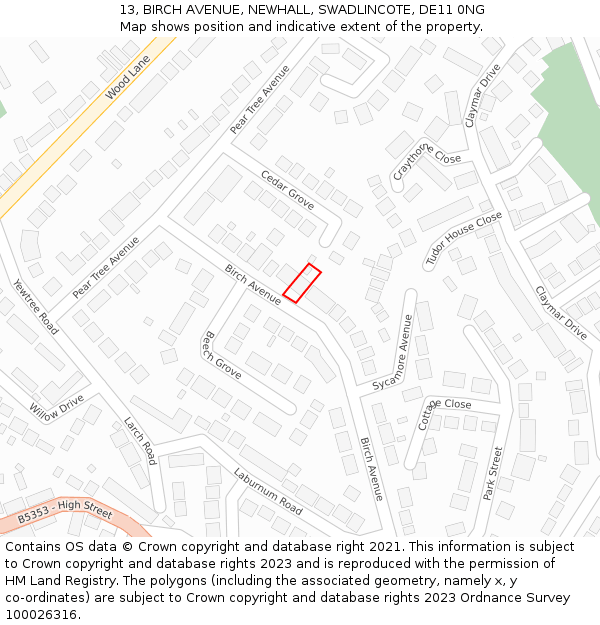 13, BIRCH AVENUE, NEWHALL, SWADLINCOTE, DE11 0NG: Location map and indicative extent of plot