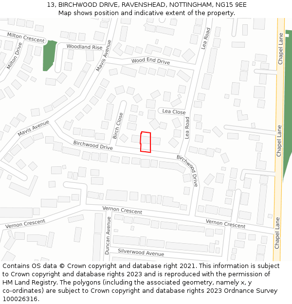 13, BIRCHWOOD DRIVE, RAVENSHEAD, NOTTINGHAM, NG15 9EE: Location map and indicative extent of plot