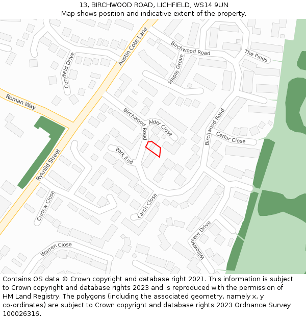 13, BIRCHWOOD ROAD, LICHFIELD, WS14 9UN: Location map and indicative extent of plot