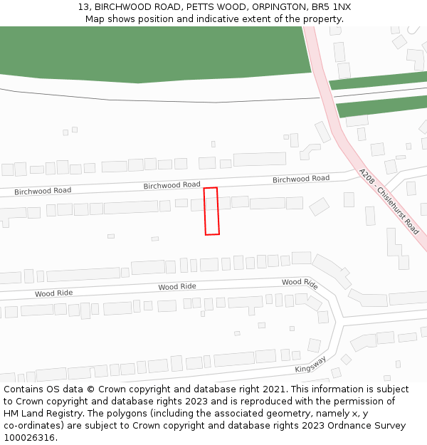 13, BIRCHWOOD ROAD, PETTS WOOD, ORPINGTON, BR5 1NX: Location map and indicative extent of plot