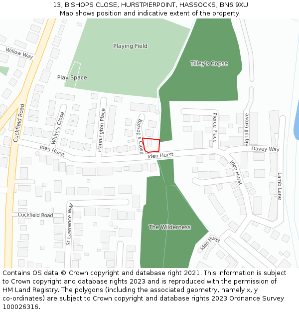 13, BISHOPS CLOSE, HURSTPIERPOINT, HASSOCKS, BN6 9XU: Location map and indicative extent of plot