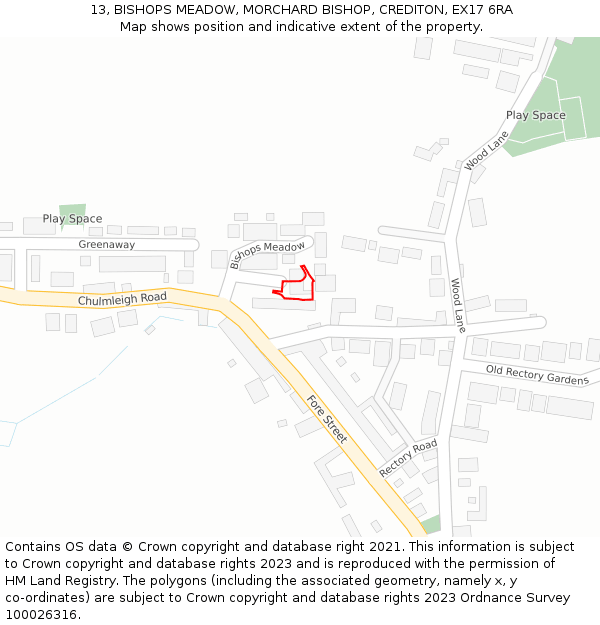 13, BISHOPS MEADOW, MORCHARD BISHOP, CREDITON, EX17 6RA: Location map and indicative extent of plot