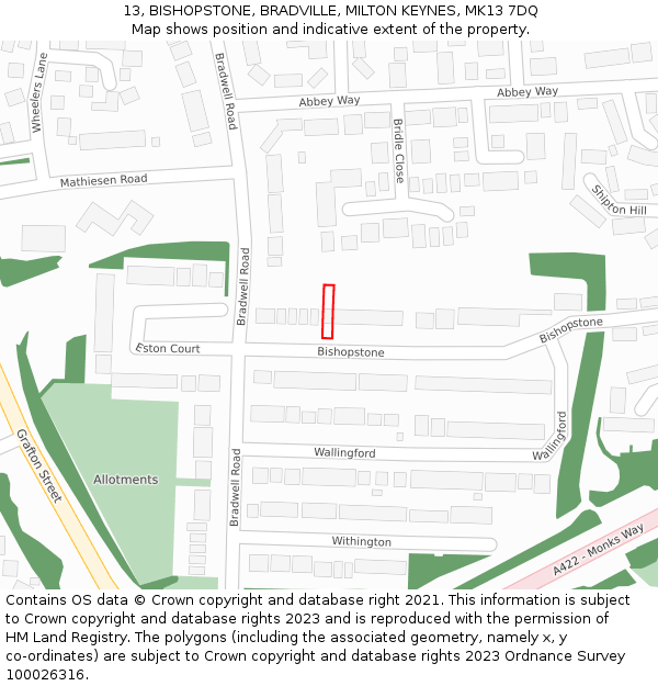 13, BISHOPSTONE, BRADVILLE, MILTON KEYNES, MK13 7DQ: Location map and indicative extent of plot