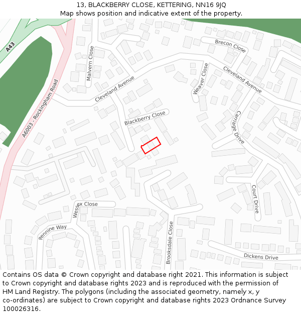 13, BLACKBERRY CLOSE, KETTERING, NN16 9JQ: Location map and indicative extent of plot