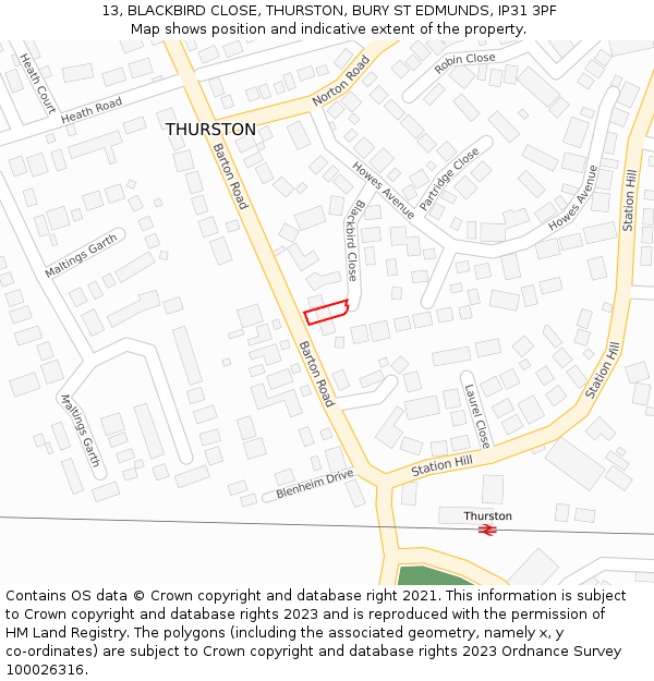 13, BLACKBIRD CLOSE, THURSTON, BURY ST EDMUNDS, IP31 3PF: Location map and indicative extent of plot