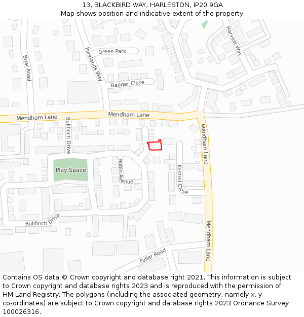 13, BLACKBIRD WAY, HARLESTON, IP20 9GA: Location map and indicative extent of plot