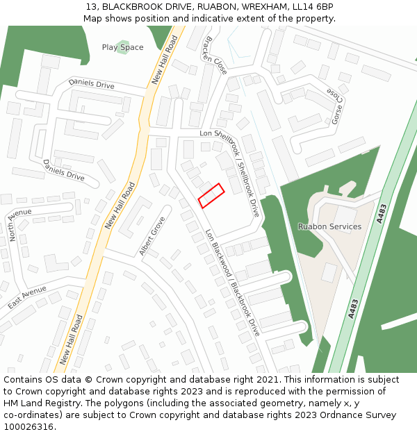 13, BLACKBROOK DRIVE, RUABON, WREXHAM, LL14 6BP: Location map and indicative extent of plot