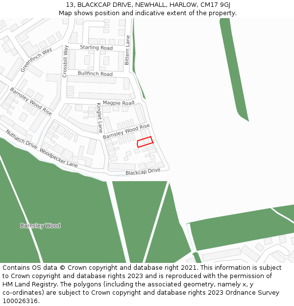 13, BLACKCAP DRIVE, NEWHALL, HARLOW, CM17 9GJ: Location map and indicative extent of plot