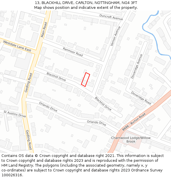 13, BLACKHILL DRIVE, CARLTON, NOTTINGHAM, NG4 3FT: Location map and indicative extent of plot