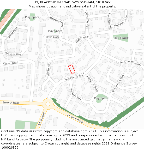 13, BLACKTHORN ROAD, WYMONDHAM, NR18 0PY: Location map and indicative extent of plot