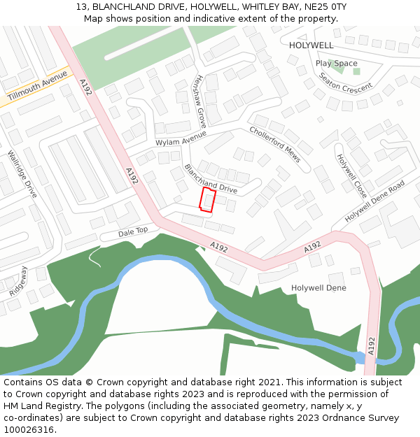 13, BLANCHLAND DRIVE, HOLYWELL, WHITLEY BAY, NE25 0TY: Location map and indicative extent of plot