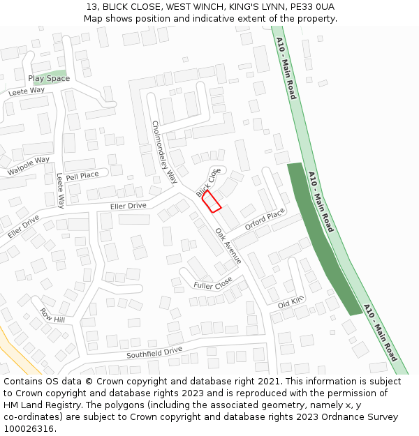 13, BLICK CLOSE, WEST WINCH, KING'S LYNN, PE33 0UA: Location map and indicative extent of plot