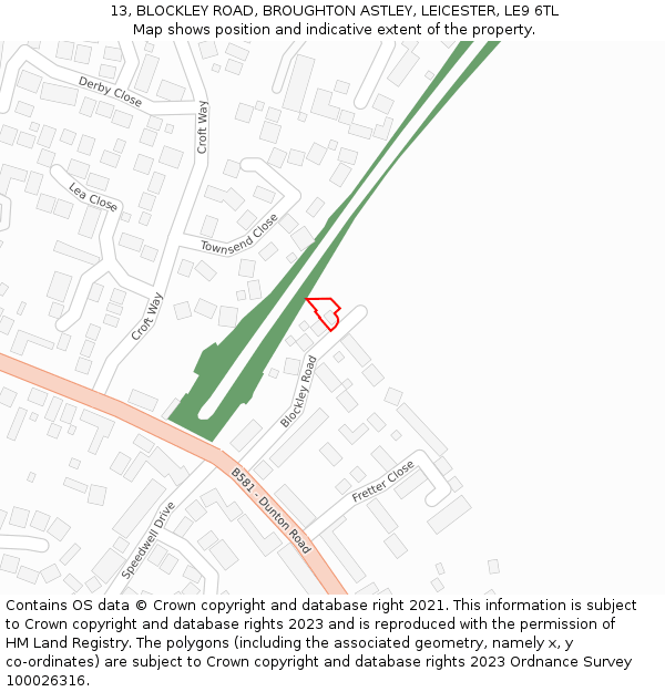 13, BLOCKLEY ROAD, BROUGHTON ASTLEY, LEICESTER, LE9 6TL: Location map and indicative extent of plot
