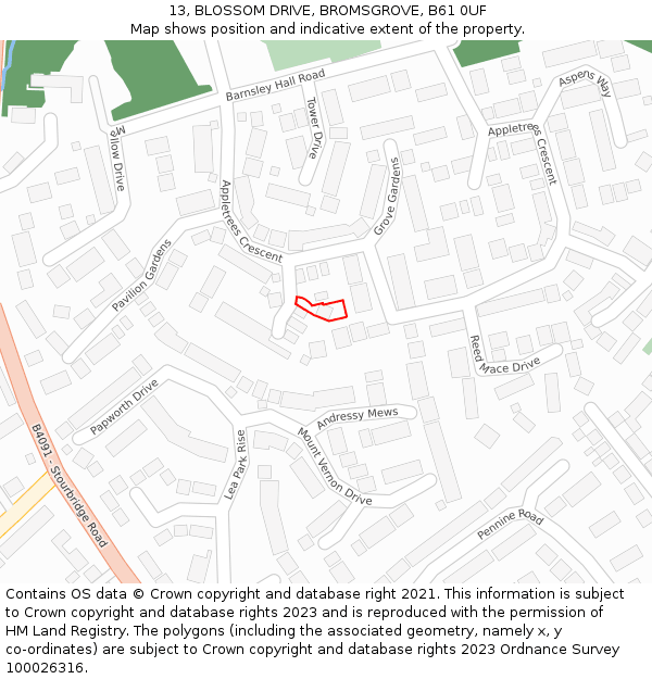 13, BLOSSOM DRIVE, BROMSGROVE, B61 0UF: Location map and indicative extent of plot