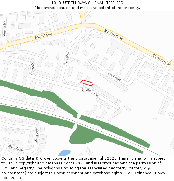 13, BLUEBELL WAY, SHIFNAL, TF11 8FD: Location map and indicative extent of plot
