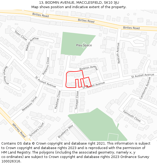 13, BODMIN AVENUE, MACCLESFIELD, SK10 3JU: Location map and indicative extent of plot