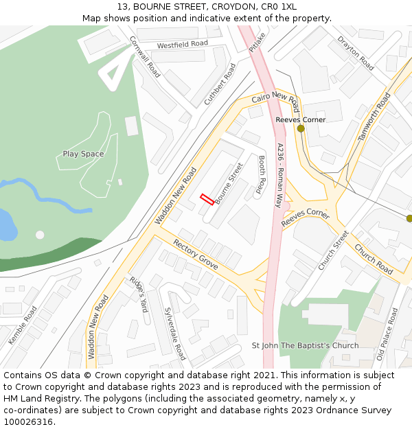 13, BOURNE STREET, CROYDON, CR0 1XL: Location map and indicative extent of plot