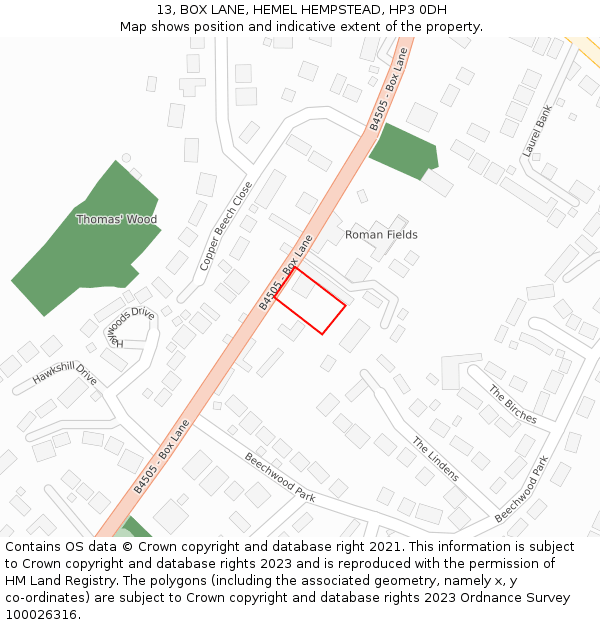 13, BOX LANE, HEMEL HEMPSTEAD, HP3 0DH: Location map and indicative extent of plot