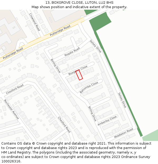 13, BOXGROVE CLOSE, LUTON, LU2 8HS: Location map and indicative extent of plot