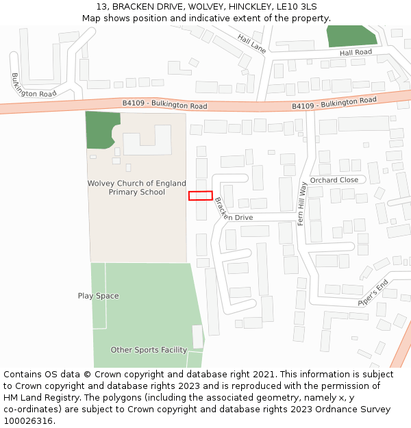 13, BRACKEN DRIVE, WOLVEY, HINCKLEY, LE10 3LS: Location map and indicative extent of plot