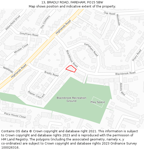 13, BRADLY ROAD, FAREHAM, PO15 5BW: Location map and indicative extent of plot