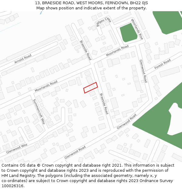 13, BRAESIDE ROAD, WEST MOORS, FERNDOWN, BH22 0JS: Location map and indicative extent of plot