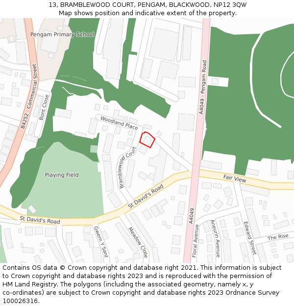 13, BRAMBLEWOOD COURT, PENGAM, BLACKWOOD, NP12 3QW: Location map and indicative extent of plot