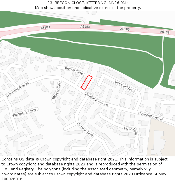 13, BRECON CLOSE, KETTERING, NN16 9NH: Location map and indicative extent of plot