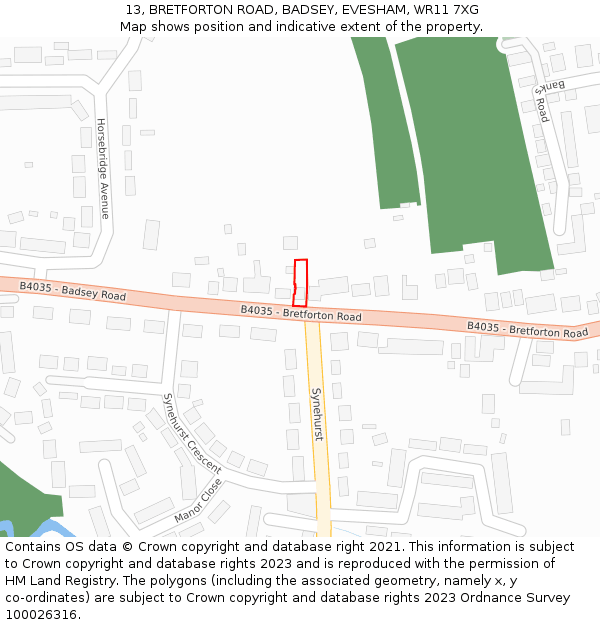 13, BRETFORTON ROAD, BADSEY, EVESHAM, WR11 7XG: Location map and indicative extent of plot