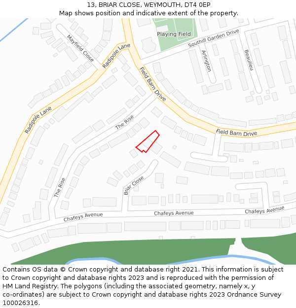 13, BRIAR CLOSE, WEYMOUTH, DT4 0EP: Location map and indicative extent of plot