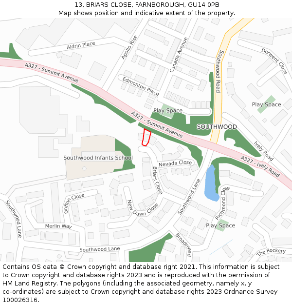 13, BRIARS CLOSE, FARNBOROUGH, GU14 0PB: Location map and indicative extent of plot