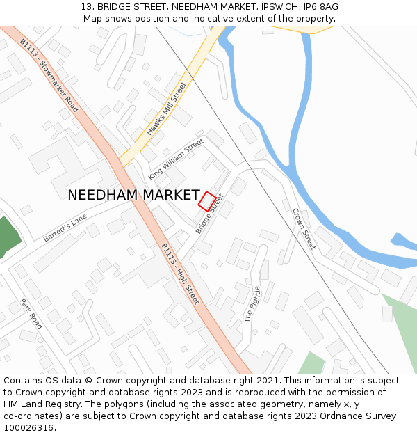 13, BRIDGE STREET, NEEDHAM MARKET, IPSWICH, IP6 8AG: Location map and indicative extent of plot