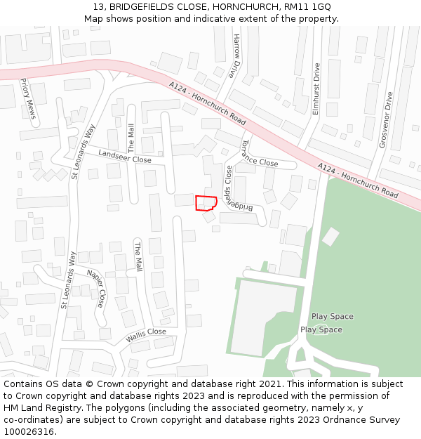 13, BRIDGEFIELDS CLOSE, HORNCHURCH, RM11 1GQ: Location map and indicative extent of plot