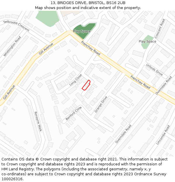 13, BRIDGES DRIVE, BRISTOL, BS16 2UB: Location map and indicative extent of plot