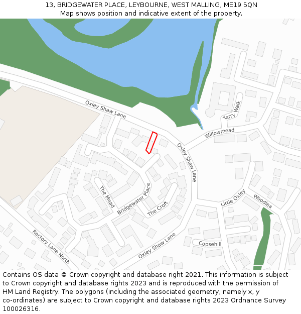 13, BRIDGEWATER PLACE, LEYBOURNE, WEST MALLING, ME19 5QN: Location map and indicative extent of plot