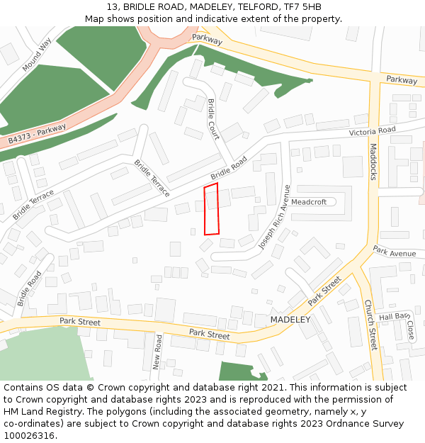 13, BRIDLE ROAD, MADELEY, TELFORD, TF7 5HB: Location map and indicative extent of plot