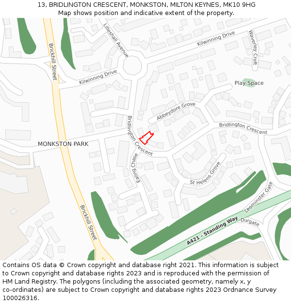 13, BRIDLINGTON CRESCENT, MONKSTON, MILTON KEYNES, MK10 9HG: Location map and indicative extent of plot