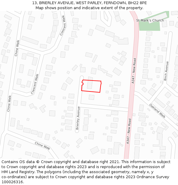 13, BRIERLEY AVENUE, WEST PARLEY, FERNDOWN, BH22 8PE: Location map and indicative extent of plot