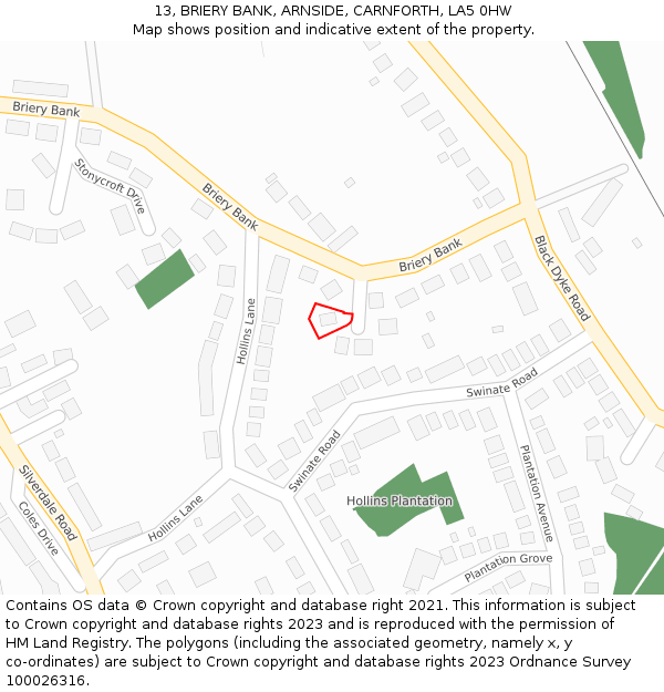 13, BRIERY BANK, ARNSIDE, CARNFORTH, LA5 0HW: Location map and indicative extent of plot