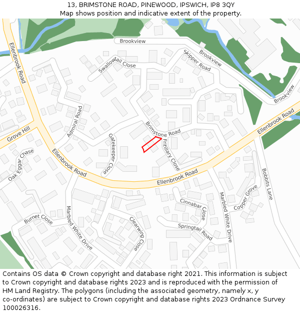 13, BRIMSTONE ROAD, PINEWOOD, IPSWICH, IP8 3QY: Location map and indicative extent of plot