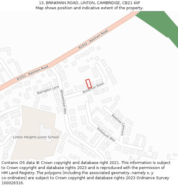 13, BRINKMAN ROAD, LINTON, CAMBRIDGE, CB21 4XF: Location map and indicative extent of plot