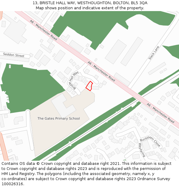 13, BRISTLE HALL WAY, WESTHOUGHTON, BOLTON, BL5 3QA: Location map and indicative extent of plot