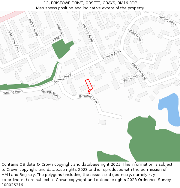 13, BRISTOWE DRIVE, ORSETT, GRAYS, RM16 3DB: Location map and indicative extent of plot