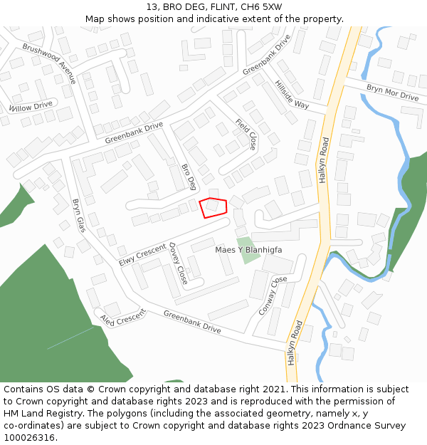 13, BRO DEG, FLINT, CH6 5XW: Location map and indicative extent of plot