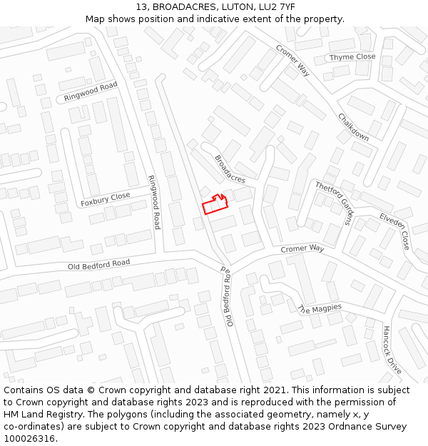 13, BROADACRES, LUTON, LU2 7YF: Location map and indicative extent of plot