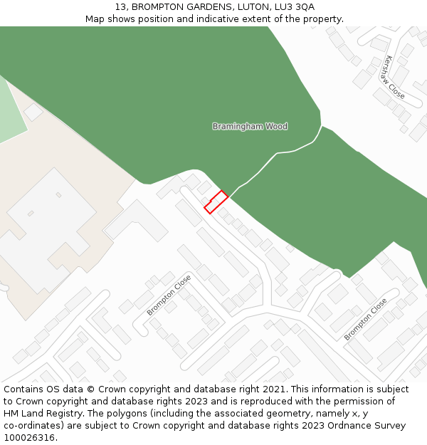 13, BROMPTON GARDENS, LUTON, LU3 3QA: Location map and indicative extent of plot