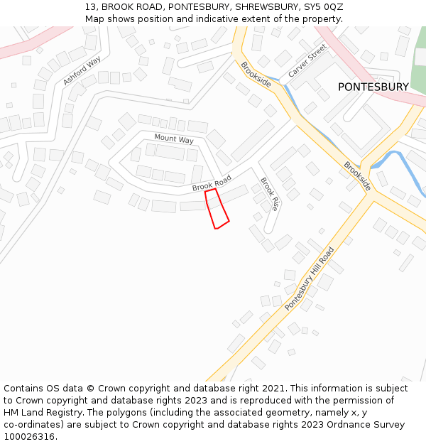 13, BROOK ROAD, PONTESBURY, SHREWSBURY, SY5 0QZ: Location map and indicative extent of plot