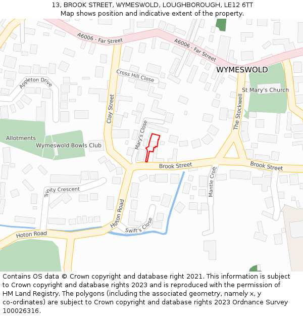 13, BROOK STREET, WYMESWOLD, LOUGHBOROUGH, LE12 6TT: Location map and indicative extent of plot