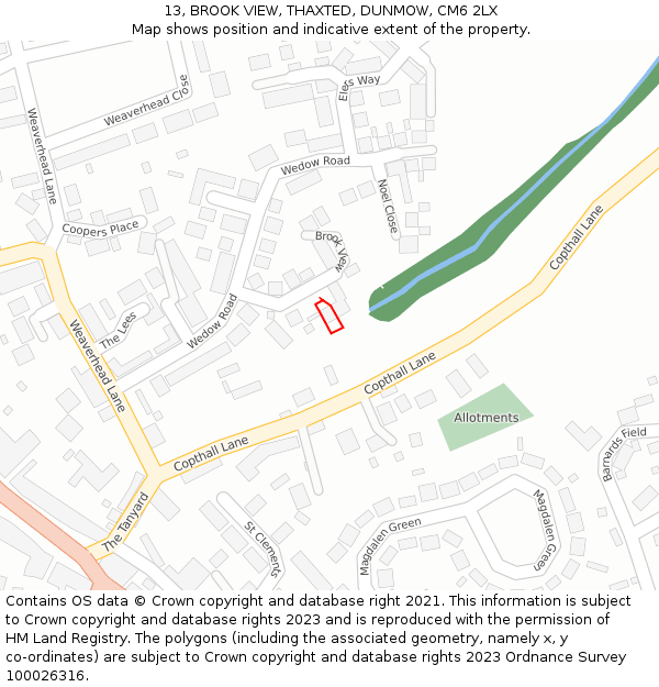 13, BROOK VIEW, THAXTED, DUNMOW, CM6 2LX: Location map and indicative extent of plot