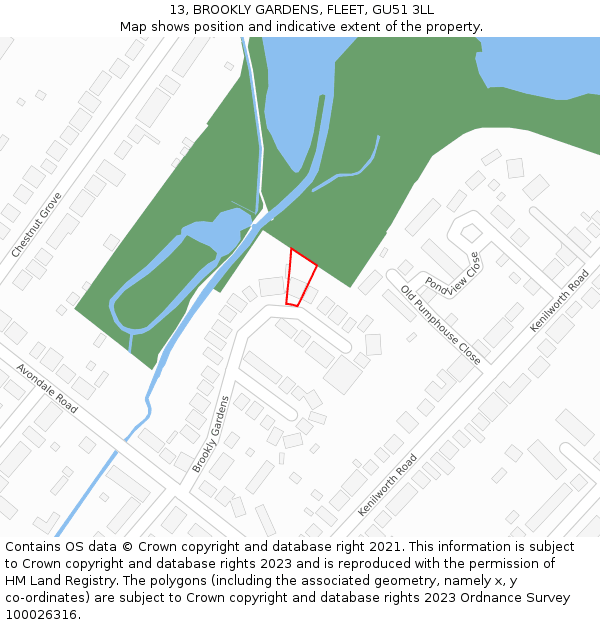 13, BROOKLY GARDENS, FLEET, GU51 3LL: Location map and indicative extent of plot